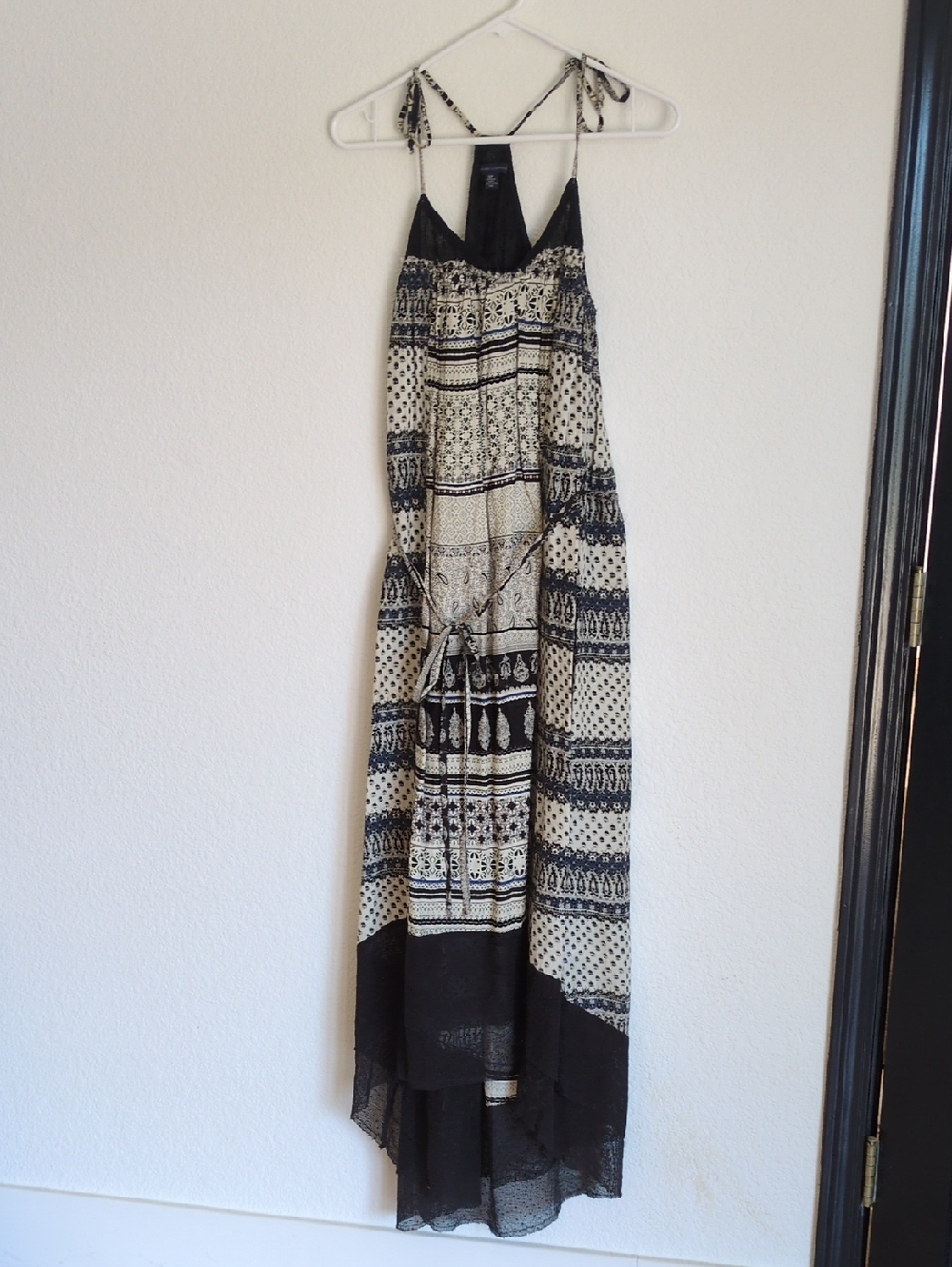 Boho Black and Cream Maxi Dress with Tie Straps